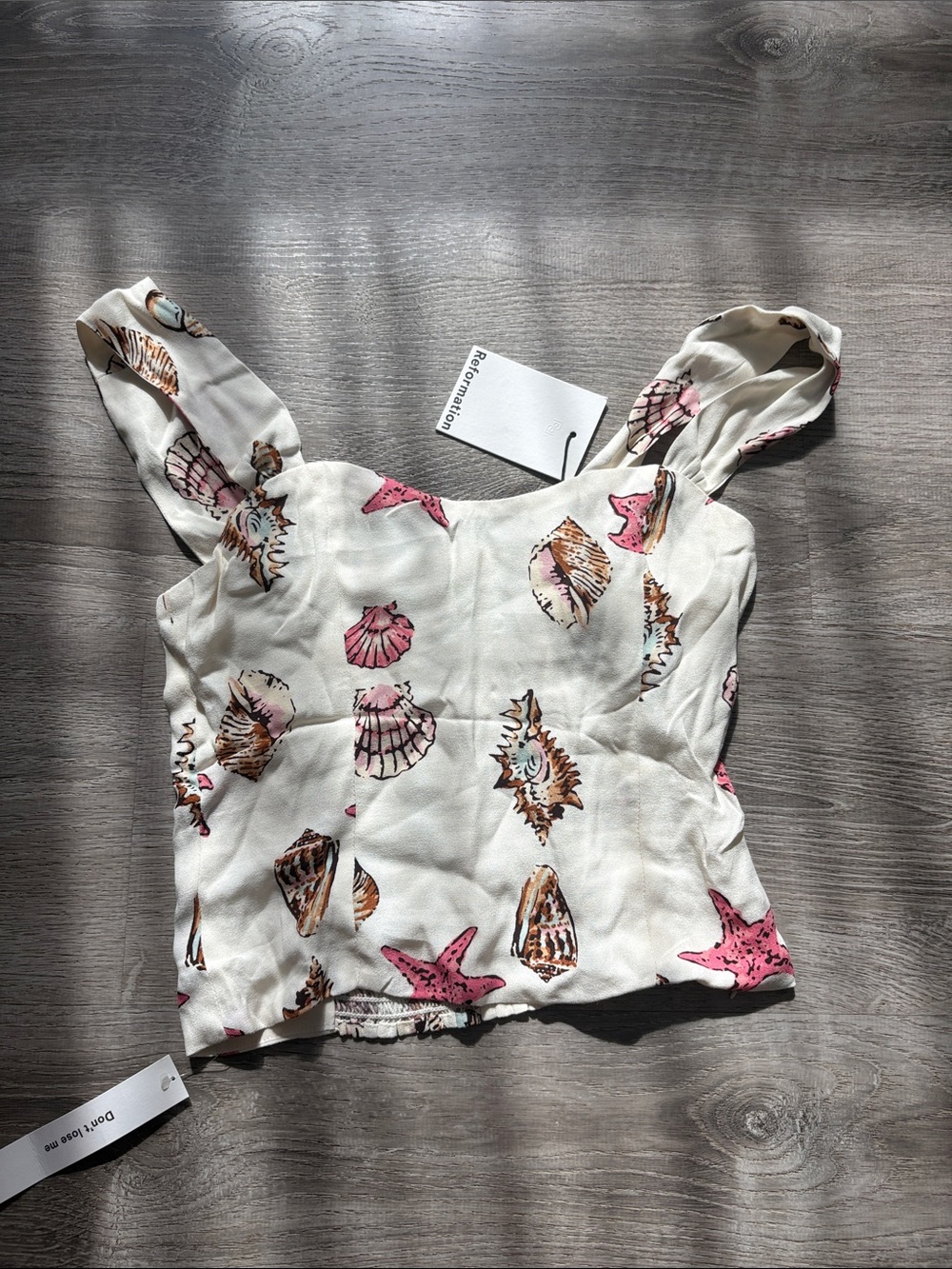 Reformation Cream Shell-Print Sleeveless Crop Top with Pink Accents